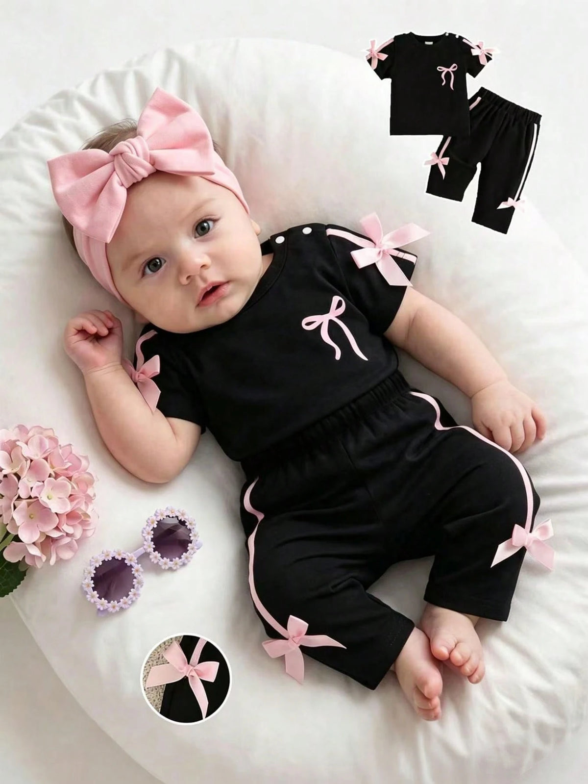 Newborn Baby Girl Pink Black Fashion Set Short Sleeve Top With 3D Bow Cute Outfit For 0-9 M Babies