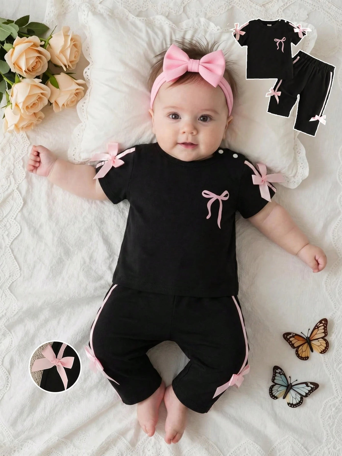 Newborn Baby Girl Pink Black Fashion Set Short Sleeve Top With 3D Bow Cute Outfit For 0-9 M Babies