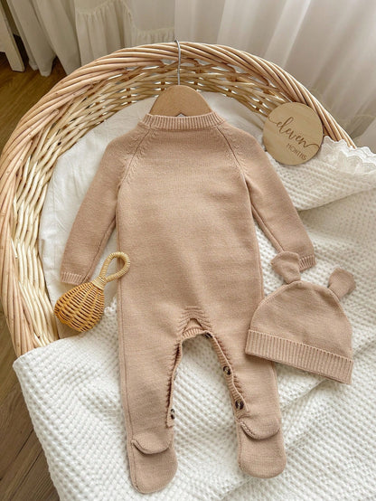 Newborn Baby Girls Cute Cartoon Bear Hooded Romper With Hat, Autumn/Winter Fall