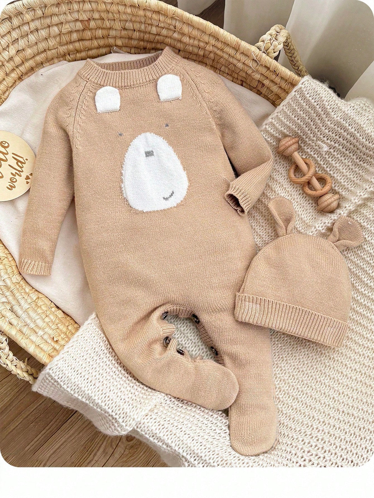 Newborn Baby Girls Cute Cartoon Bear Hooded Romper With Hat, Autumn/Winter Fall