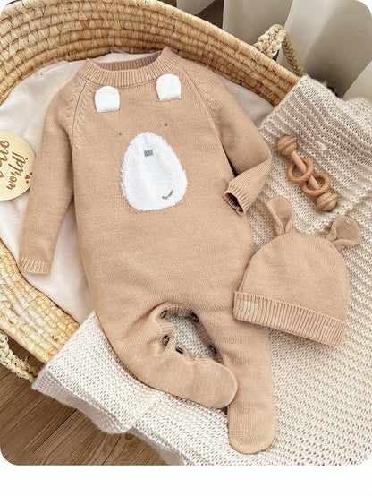 Newborn Baby Girls Cute Cartoon Bear Hooded Romper With Hat, Autumn/Winter Fall