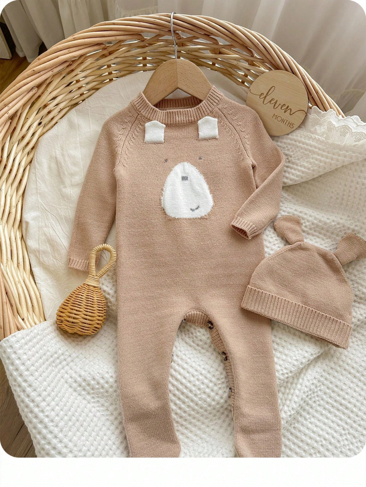 Newborn Baby Girls Cute Cartoon Bear Hooded Romper With Hat, Autumn/Winter Fall