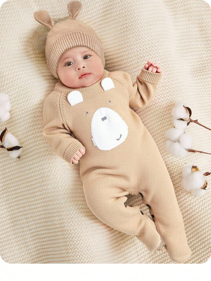 Newborn Baby Girls Cute Cartoon Bear Hooded Romper With Hat, Autumn/Winter Fall