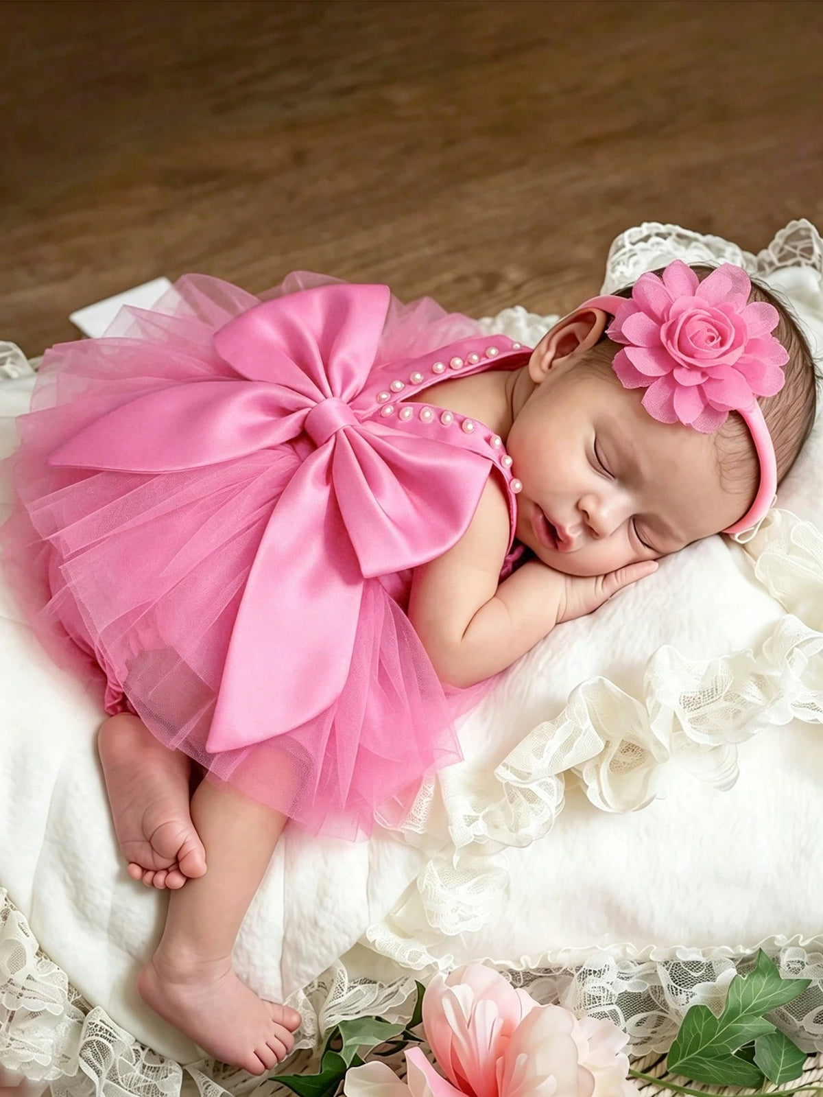 Newborn Girl Pearl Style Dress With Rose Flower 0-3 Months Baby Girl Big Bowknot Dress For Photo Shooting Infant Photography Outfits