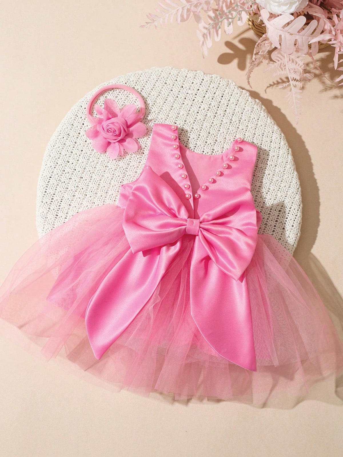 Newborn Girl Pearl Style Dress With Rose Flower 0-3 Months Baby Girl Big Bowknot Dress For Photo Shooting Infant Photography Outfits
