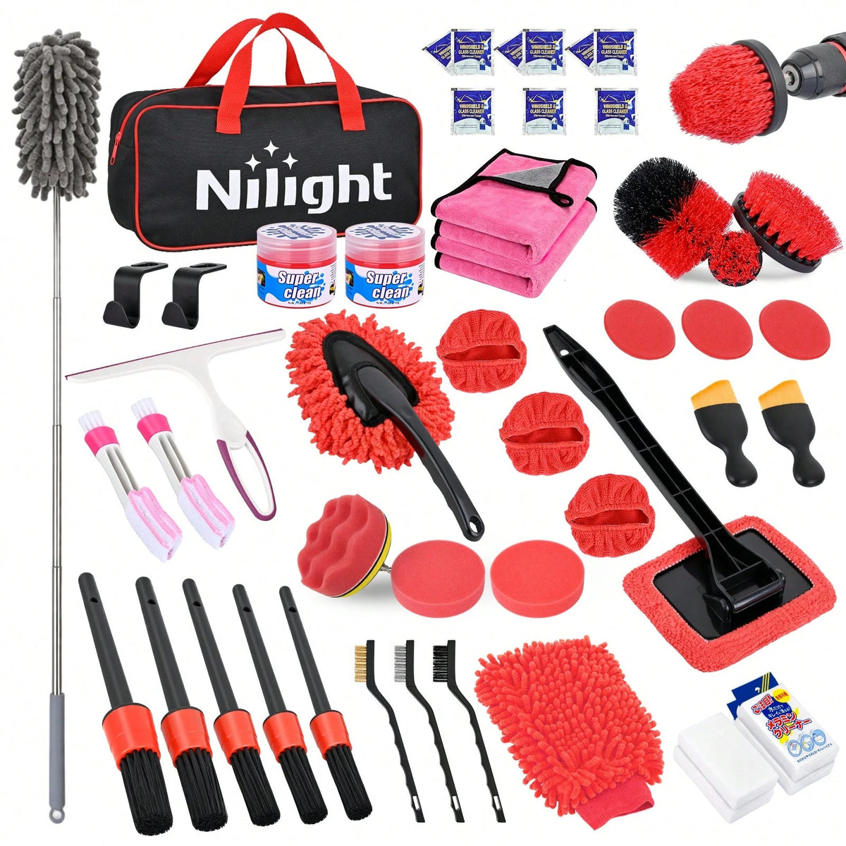 Nilight 52PCS Car Detailing Kit Auto Cleaning Tools Wash Set With Storage Carry Bag Home Use For Interior Exterior Deep Clean Polish Car Care Windshield Dashboard Seat Air Vents Wheels Tires, Red