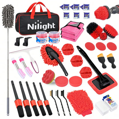 Nilight 52PCS Car Detailing Kit Auto Cleaning Tools Wash Set With Storage Carry Bag Home Use For Interior Exterior Deep Clean Polish Car Care Windshield Dashboard Seat Air Vents Wheels Tires, Red