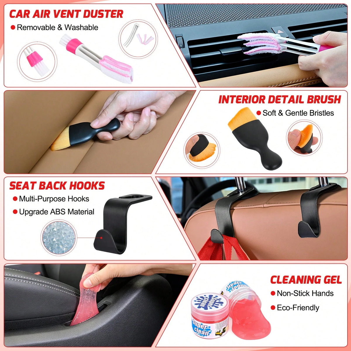Nilight 52PCS Car Detailing Kit Auto Cleaning Tools Wash Set With Storage Carry Bag Home Use For Interior Exterior Deep Clean Polish Car Care Windshield Dashboard Seat Air Vents Wheels Tires, Red