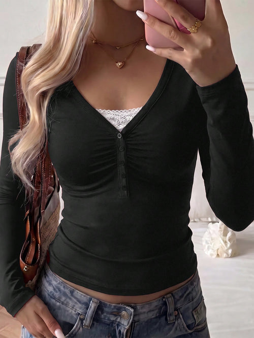 NOIRLYN Women's Y2K Autumn Casual Sexy Solid Color Lace Contrast Slim Fit Long Sleeve V-Neck Top, Suitable For Daily Commute Wear Black