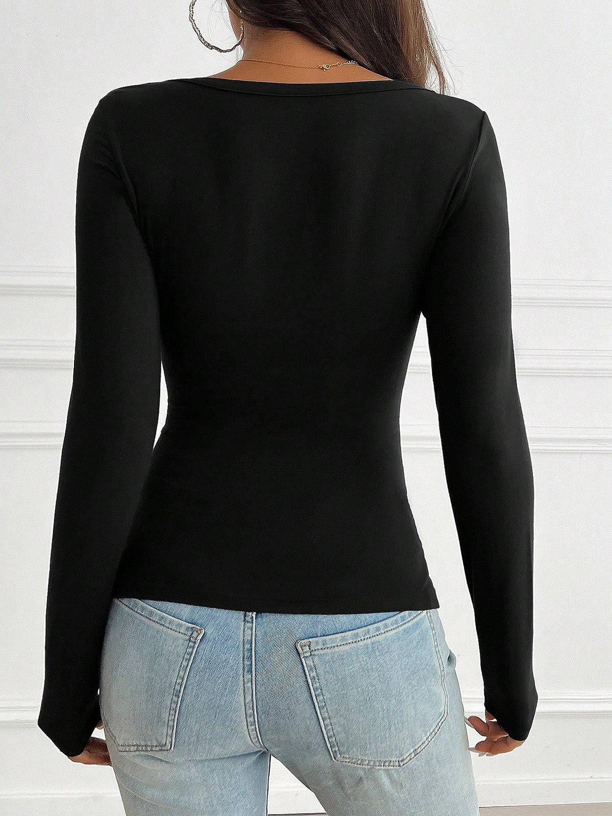 NOIRLYN Women's Y2K Autumn Casual Sexy Solid Color Lace Contrast Slim Fit Long Sleeve V-Neck Top, Suitable For Daily Commute Wear Black