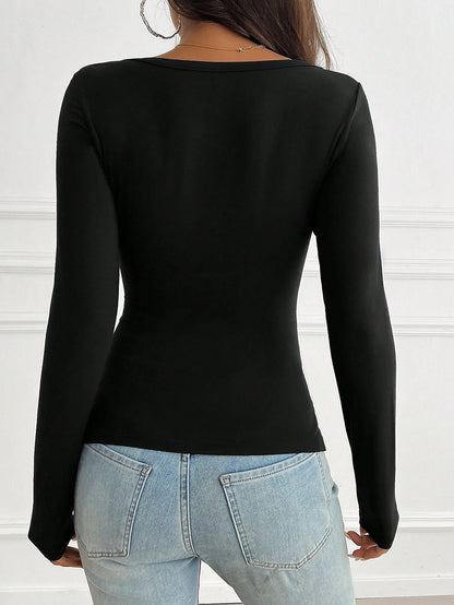 NOIRLYN Women's Y2K Autumn Casual Sexy Solid Color Lace Contrast Slim Fit Long Sleeve V-Neck Top, Suitable For Daily Commute Wear Black