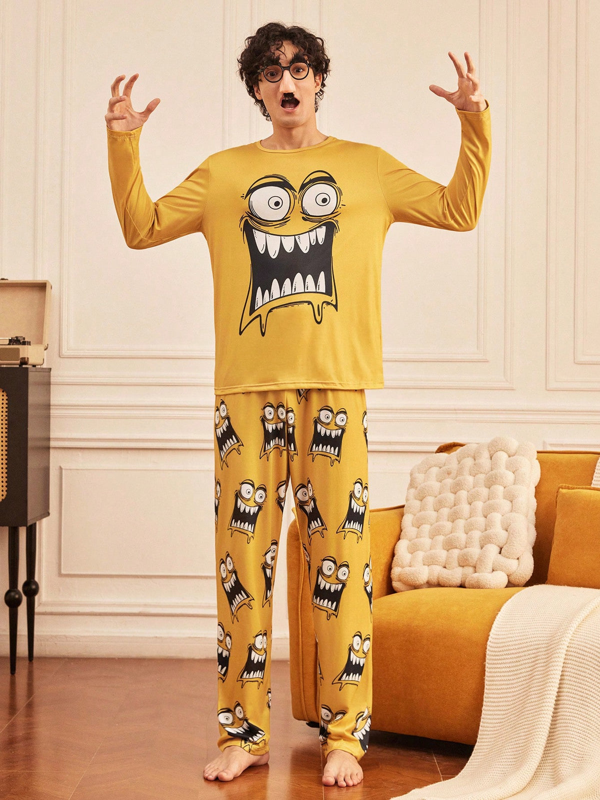 Notgurli Men's Funny Cow & Horse Print Long Sleeve Top And Pants Loungewear Set