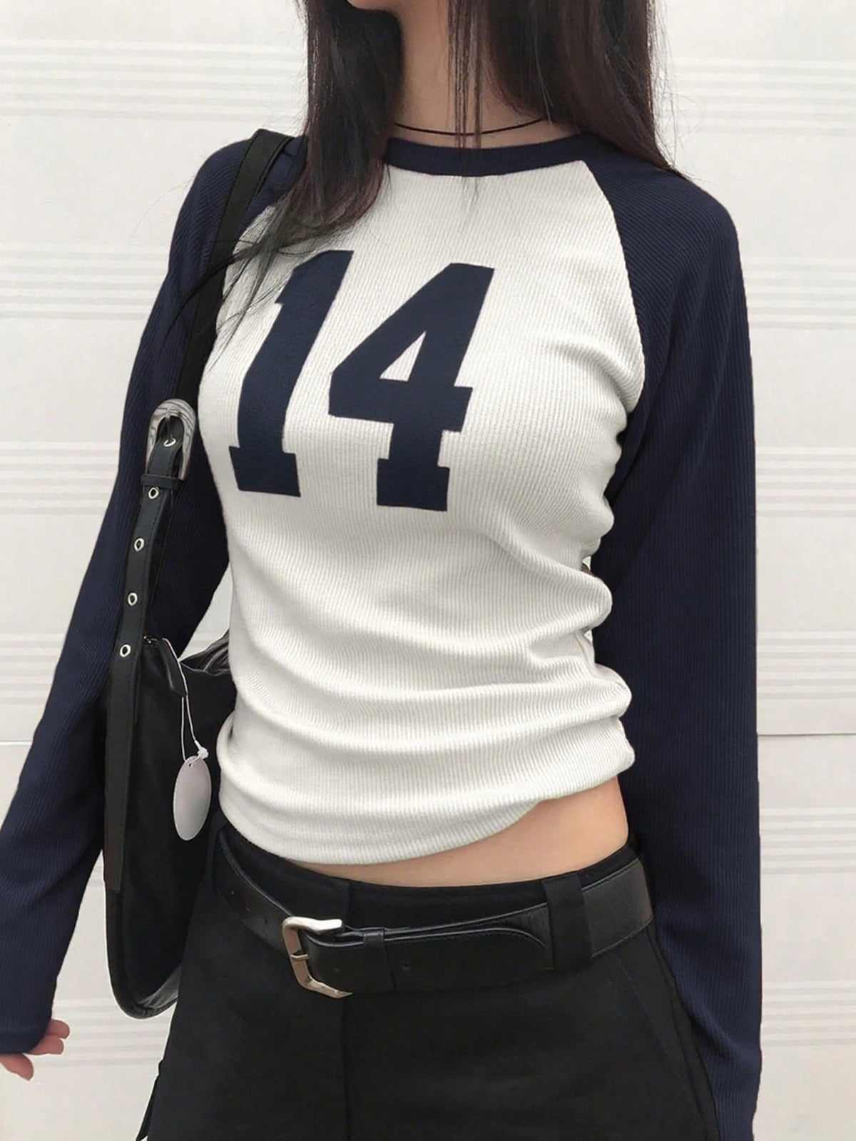 Number Graphic Casual Raglan Sleeve Fitted Long Sleeve Top Spring