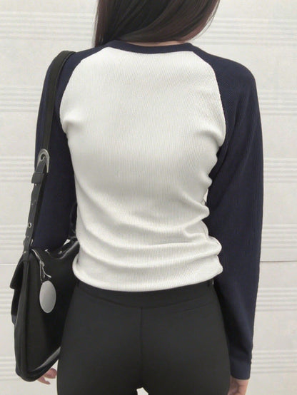 Number Graphic Casual Raglan Sleeve Fitted Long Sleeve Top Spring