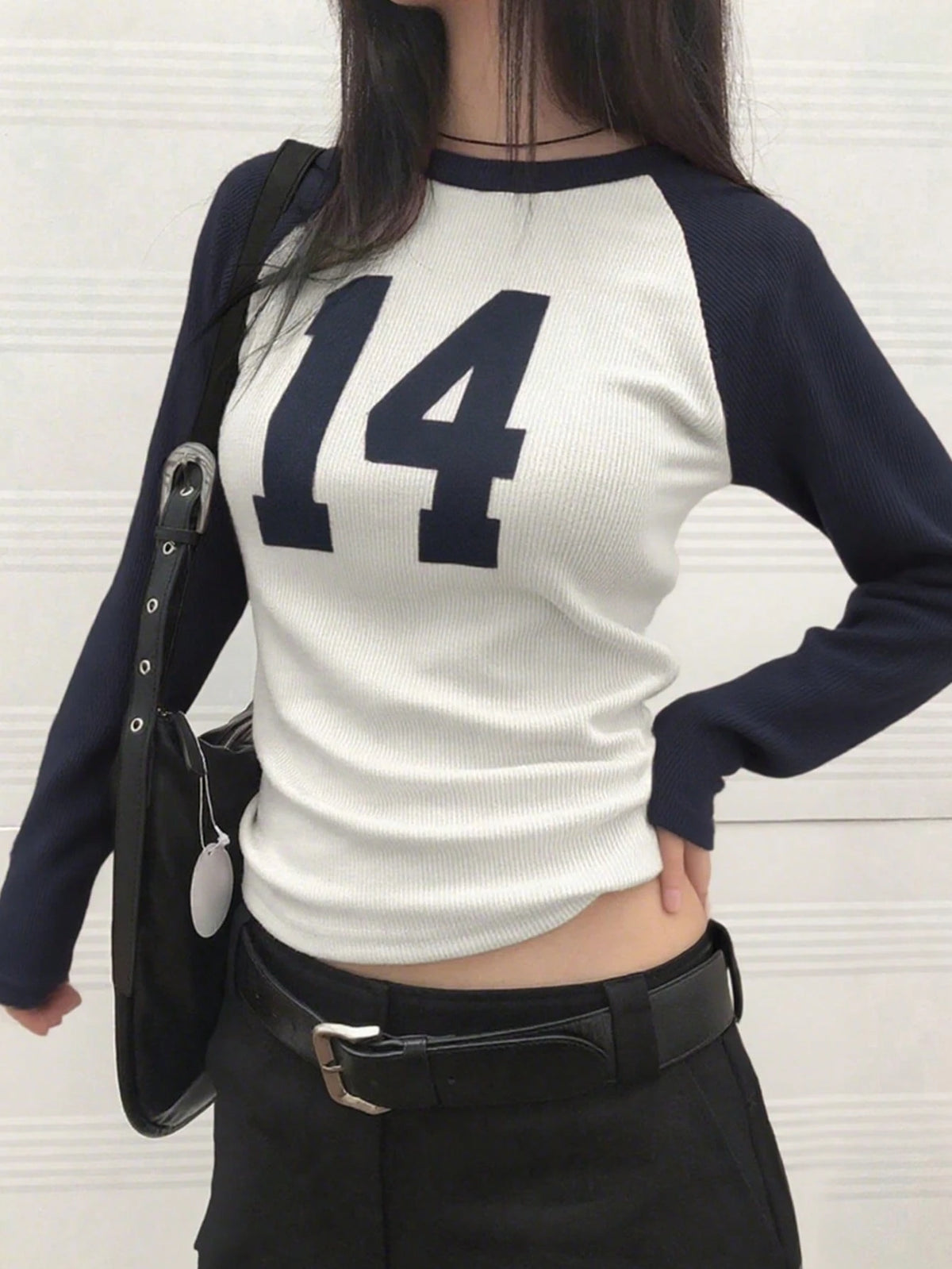 Number Graphic Casual Raglan Sleeve Fitted Long Sleeve Top Spring