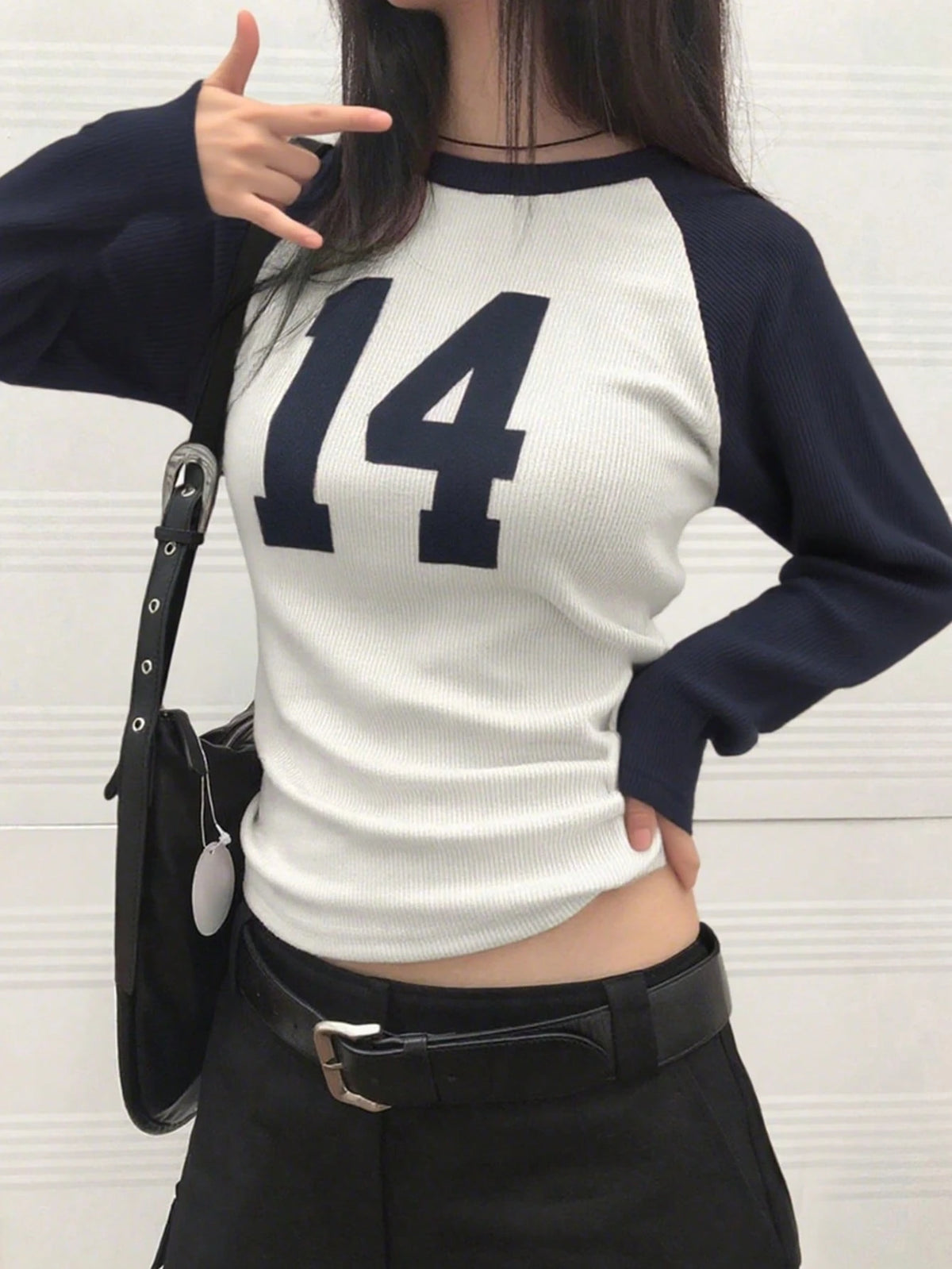 Number Graphic Casual Raglan Sleeve Fitted Long Sleeve Top Spring