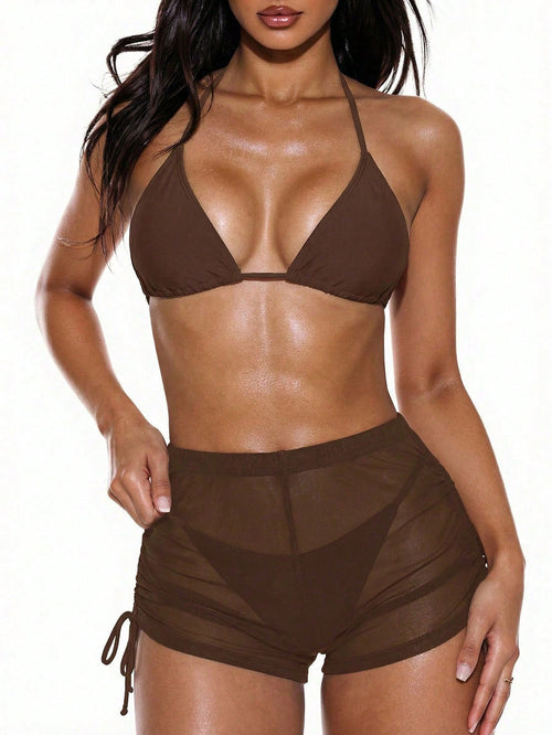 Oceva Plain Brown Mesh Fabric Sheer Regular Length Cover Ups For Women