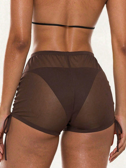 Oceva Plain Brown Mesh Fabric Sheer Regular Length Cover Ups For Women