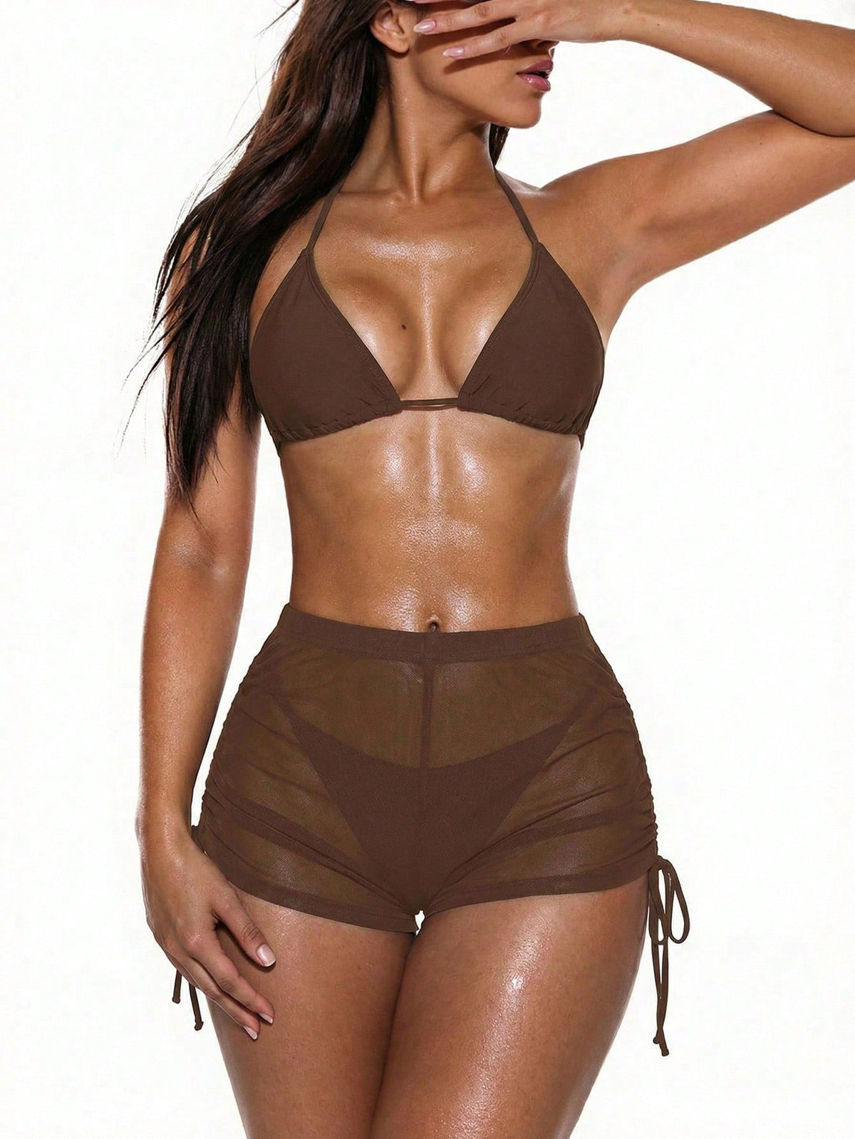 Oceva Plain Brown Mesh Fabric Sheer Regular Length Cover Ups For Women