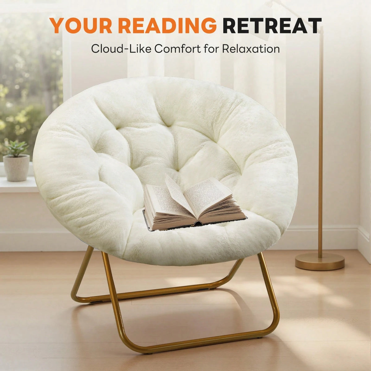 OLIXIS Saucer Chair For Adults, Teens, Faux Fur XL Circle Chair For Bedroom, Dorm & Gaming, Foldable Comfy Accent Seat For Small Spaces, Oversized Style Thick Padded Meatal Frame