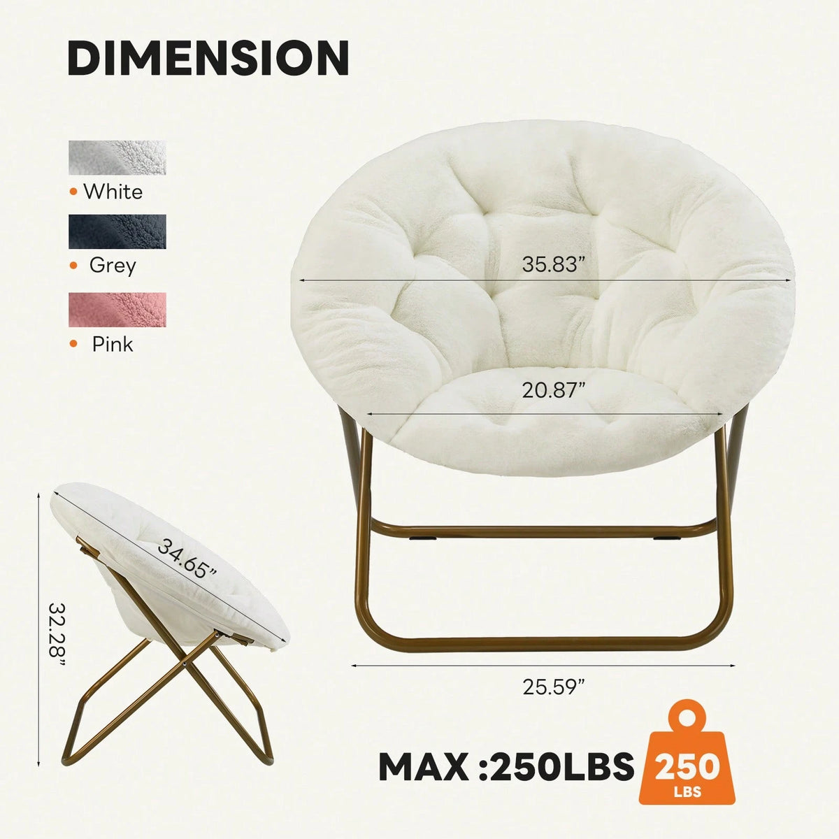 OLIXIS Saucer Chair For Adults, Teens, Faux Fur XL Circle Chair For Bedroom, Dorm & Gaming, Foldable Comfy Accent Seat For Small Spaces, Oversized Style Thick Padded Meatal Frame