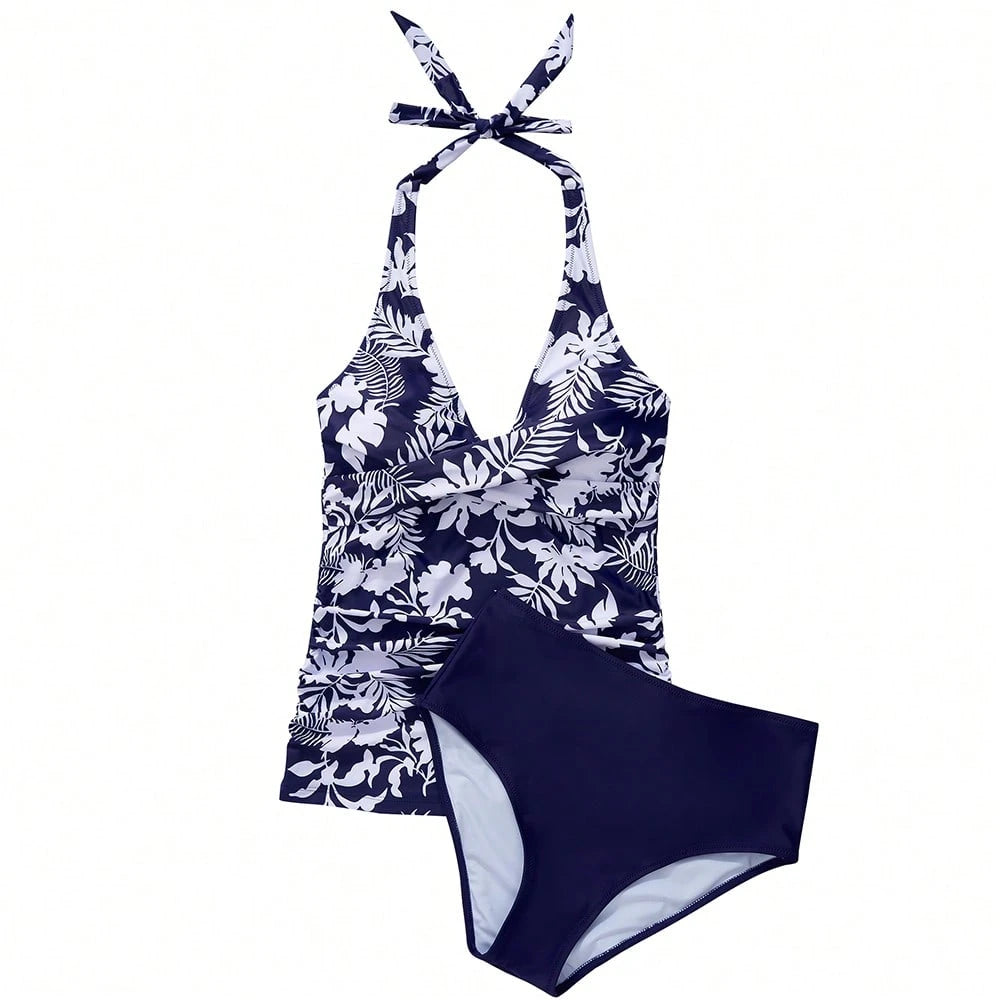 OMKAGI Women's Halter High-Waisted Swimsuit Set Sexy V-Neck And Ruched Abdomen Slimming High-Cut Two-Piece Swimsuit