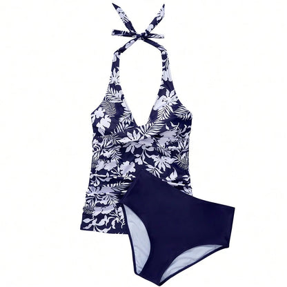 OMKAGI Women's Halter High-Waisted Swimsuit Set Sexy V-Neck And Ruched Abdomen Slimming High-Cut Two-Piece Swimsuit