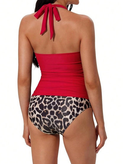 OMKAGI Women's Halter High-Waisted Swimsuit Set Sexy V-Neck And Ruched Abdomen Slimming High-Cut Two-Piece Swimsuit
