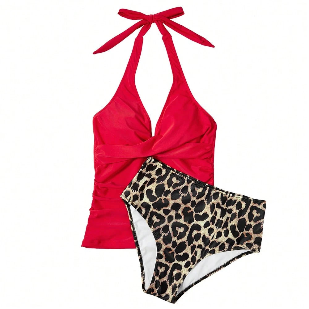 OMKAGI Women's Halter High-Waisted Swimsuit Set Sexy V-Neck And Ruched Abdomen Slimming High-Cut Two-Piece Swimsuit