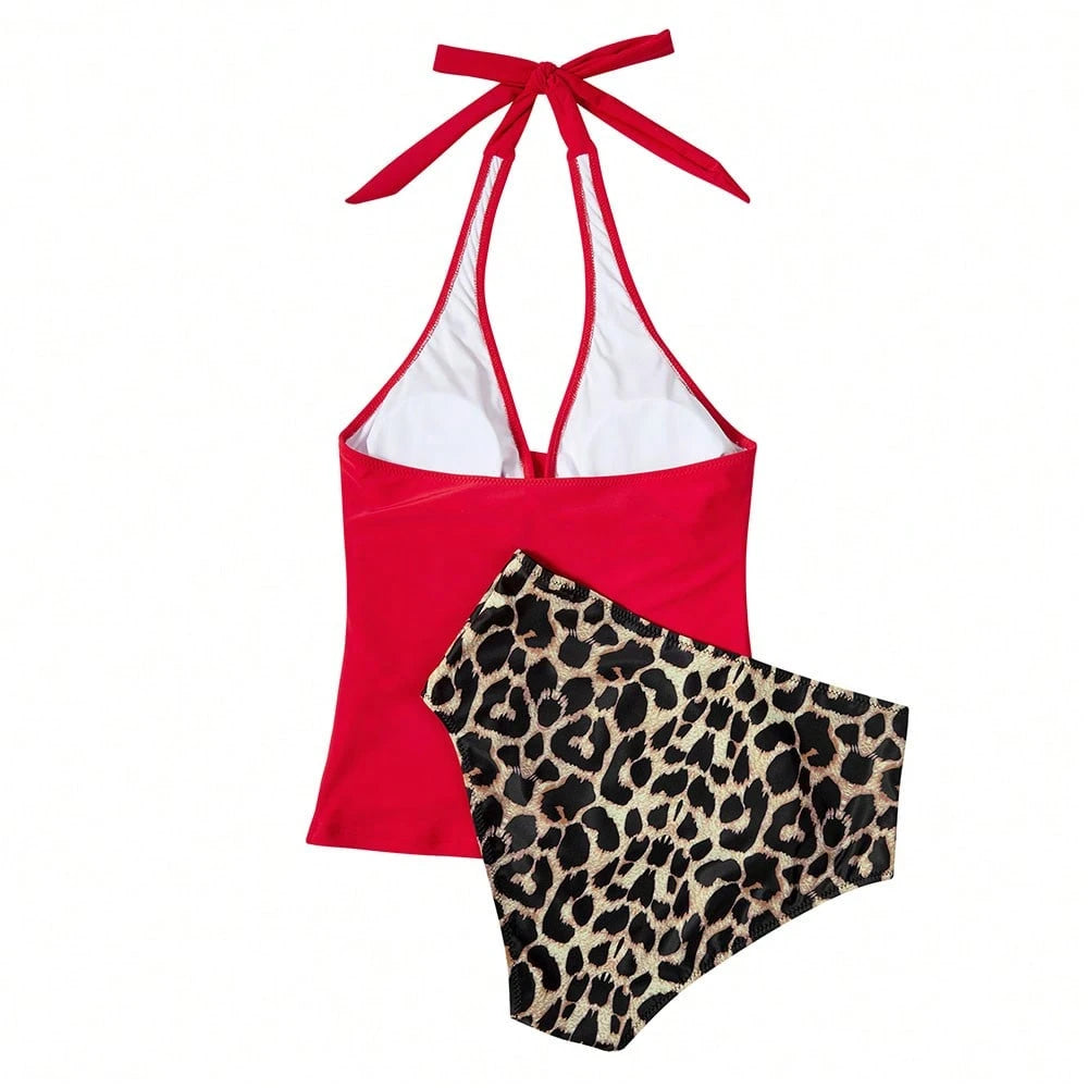 OMKAGI Women's Halter High-Waisted Swimsuit Set Sexy V-Neck And Ruched Abdomen Slimming High-Cut Two-Piece Swimsuit