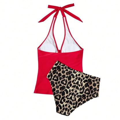 OMKAGI Women's Halter High-Waisted Swimsuit Set Sexy V-Neck And Ruched Abdomen Slimming High-Cut Two-Piece Swimsuit
