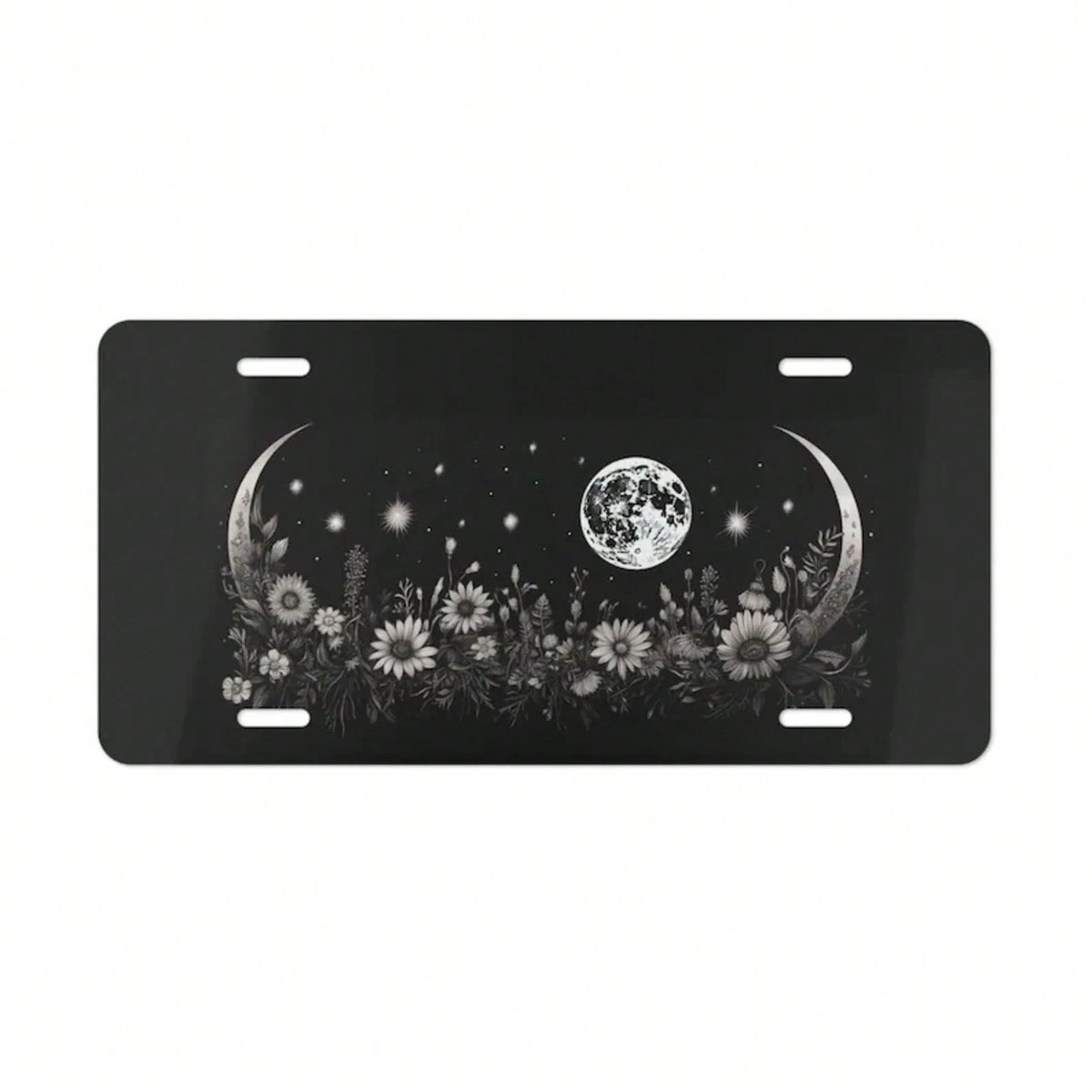 ON, Moon And Flower License Plate, Vanity Plate, Black, Floral Design, Crescent Moon, Full Moon, Front Of Car