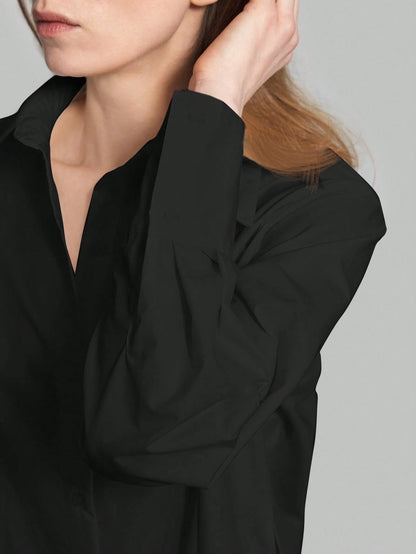 Ontre 2026SS New Women's Casual Loose Solid Black Autumn Chic Everyday Button-Up Shirt,Long Vacation Matching Shirt,Summer Business Office Wear Beach Top