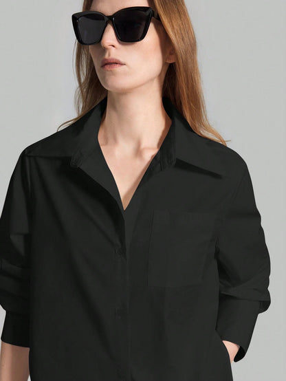 Ontre 2026SS New Women's Casual Loose Solid Black Autumn Chic Everyday Button-Up Shirt,Long Vacation Matching Shirt,Summer Business Office Wear Beach Top