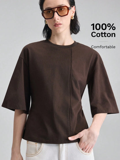 Ontre Women's Dark Brown Structural Line Waist Cinching T-Shirt, Effortless Chic Summer Modern Urban Work Minimalist Casual Daily Wear