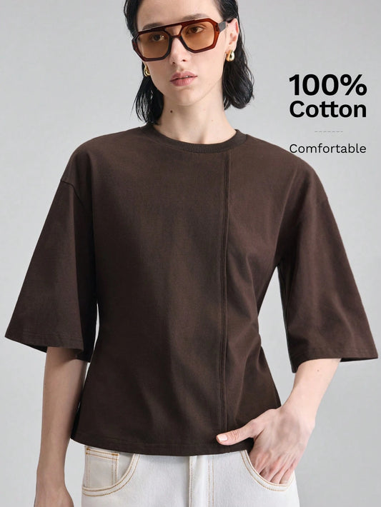 Ontre Women's Dark Brown Structural Line Waist Cinching T-Shirt, Effortless Chic Summer Modern Urban Work Minimalist Casual Daily Wear
