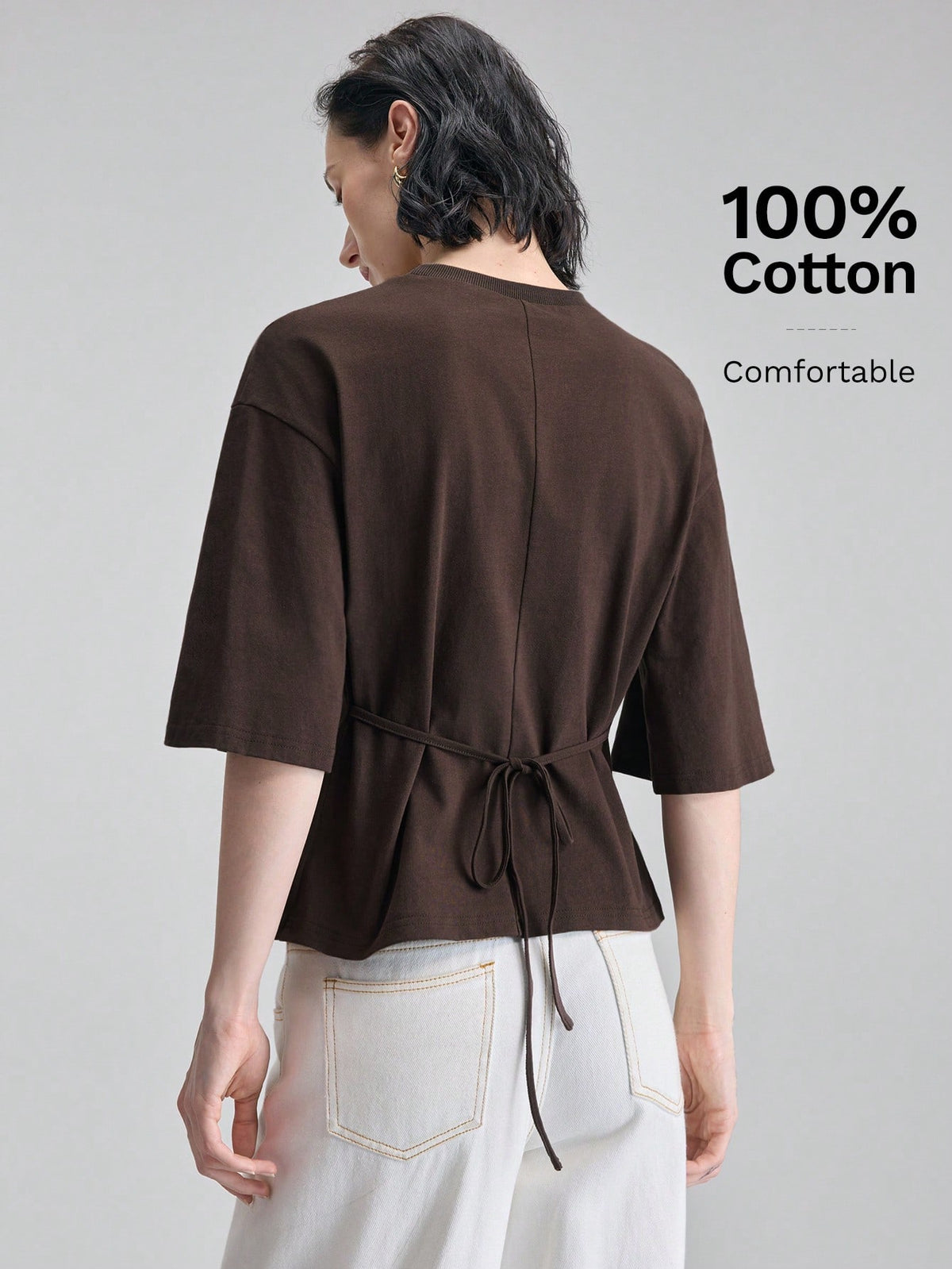 Ontre Women's Dark Brown Structural Line Waist Cinching T-Shirt, Effortless Chic Summer Modern Urban Work Minimalist Casual Daily Wear