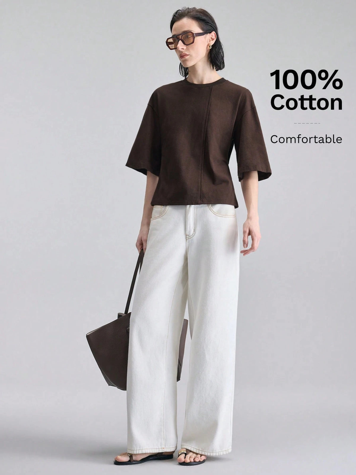 Ontre Women's Dark Brown Structural Line Waist Cinching T-Shirt, Effortless Chic Summer Modern Urban Work Minimalist Casual Daily Wear