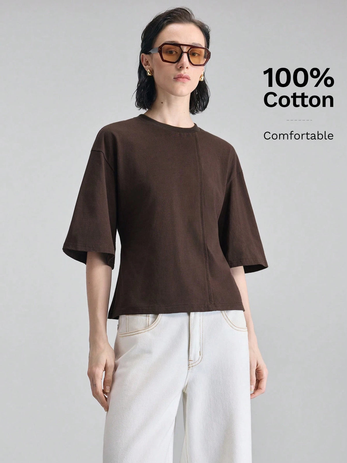 Ontre Women's Dark Brown Structural Line Waist Cinching T-Shirt, Effortless Chic Summer Modern Urban Work Minimalist Casual Daily Wear