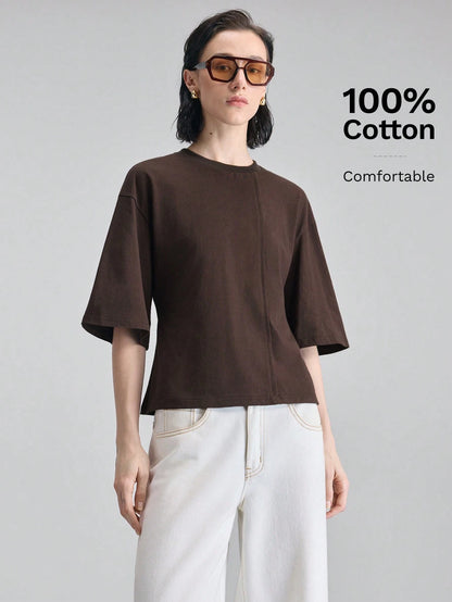 Ontre Women's Dark Brown Structural Line Waist Cinching T-Shirt, Effortless Chic Summer Modern Urban Work Minimalist Casual Daily Wear