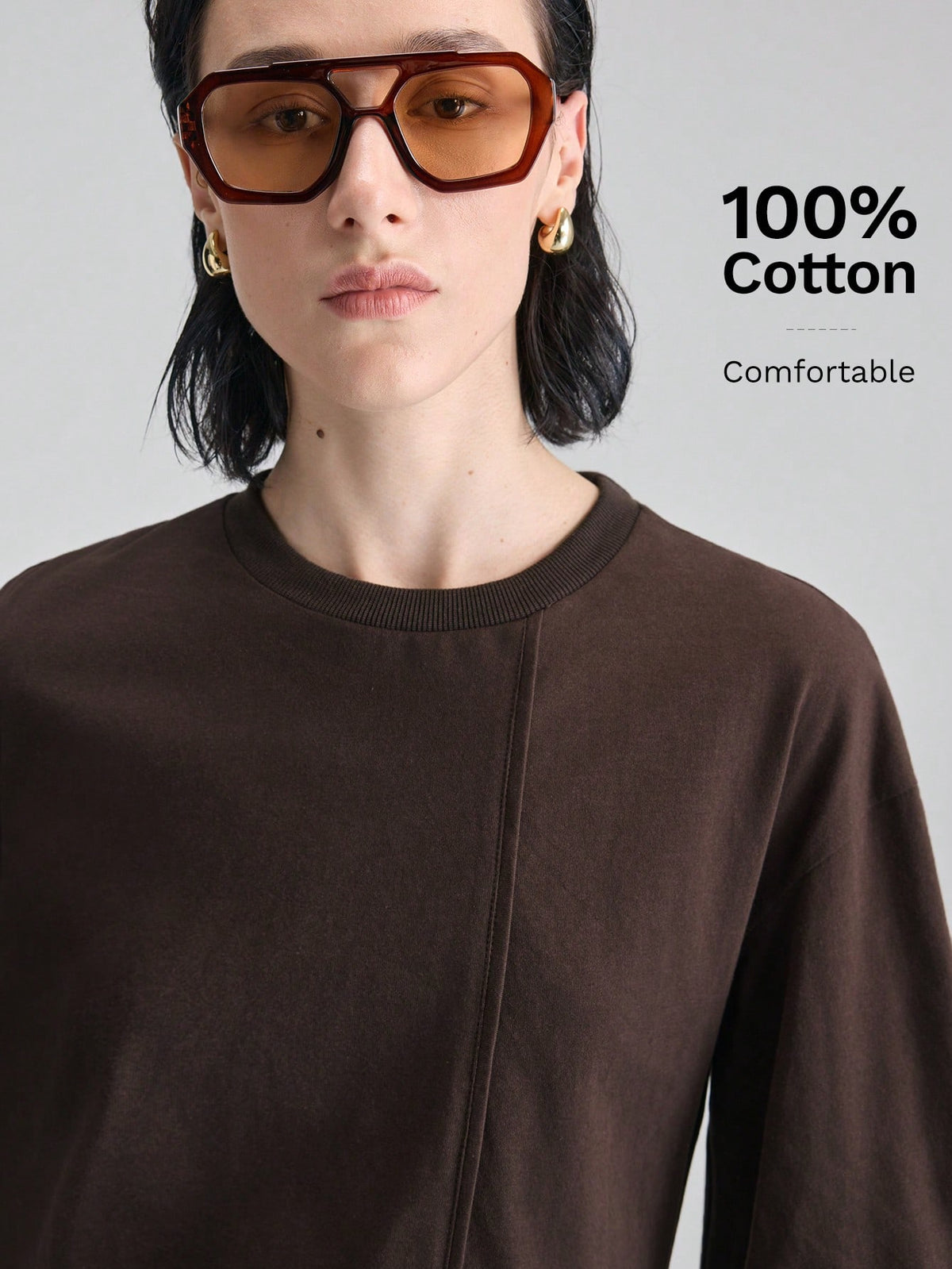 Ontre Women's Dark Brown Structural Line Waist Cinching T-Shirt, Effortless Chic Summer Modern Urban Work Minimalist Casual Daily Wear