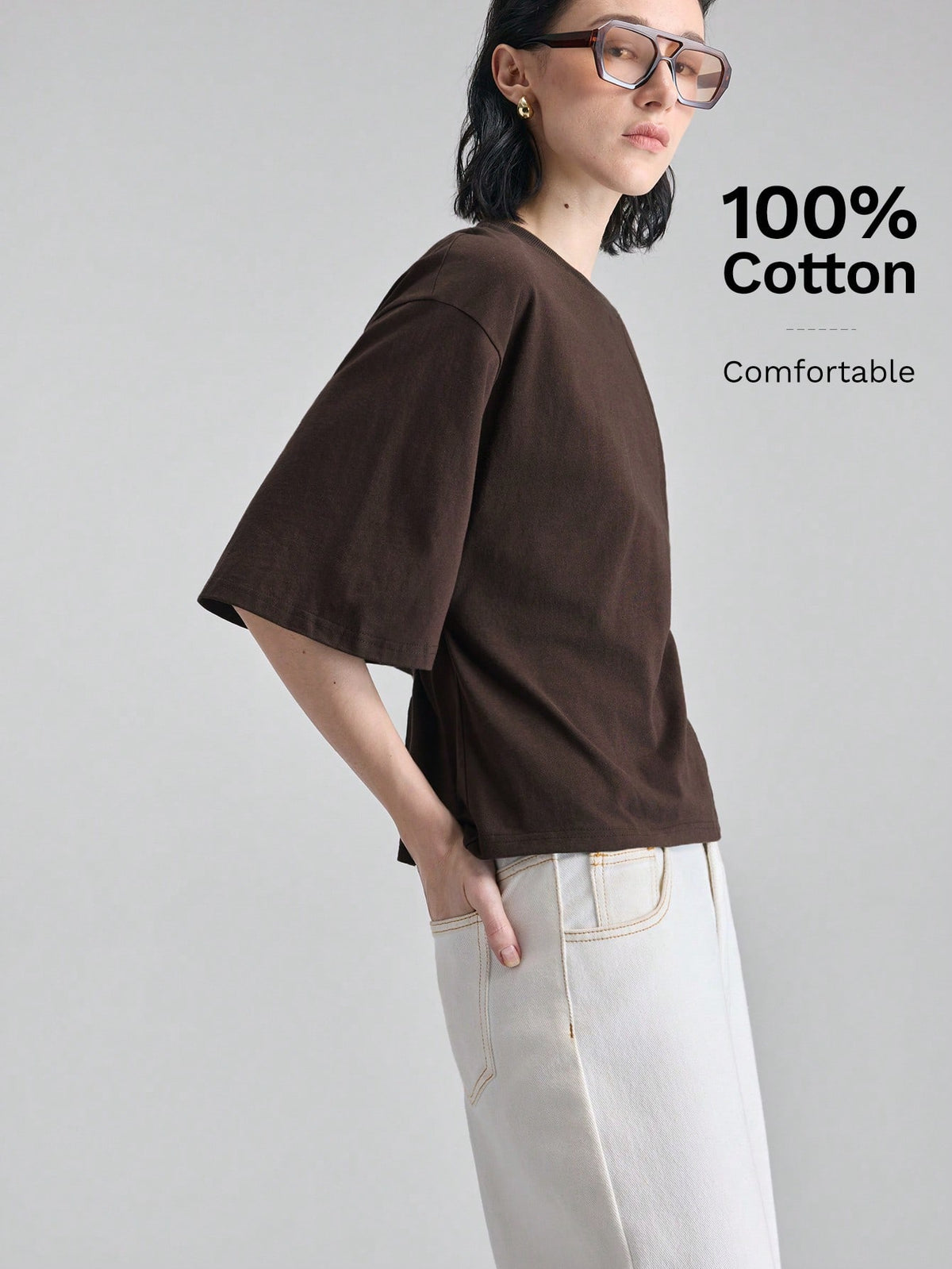 Ontre Women's Dark Brown Structural Line Waist Cinching T-Shirt, Effortless Chic Summer Modern Urban Work Minimalist Casual Daily Wear