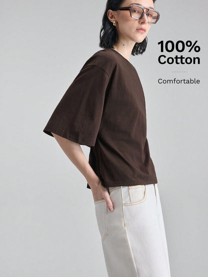 Ontre Women's Dark Brown Structural Line Waist Cinching T-Shirt, Effortless Chic Summer Modern Urban Work Minimalist Casual Daily Wear