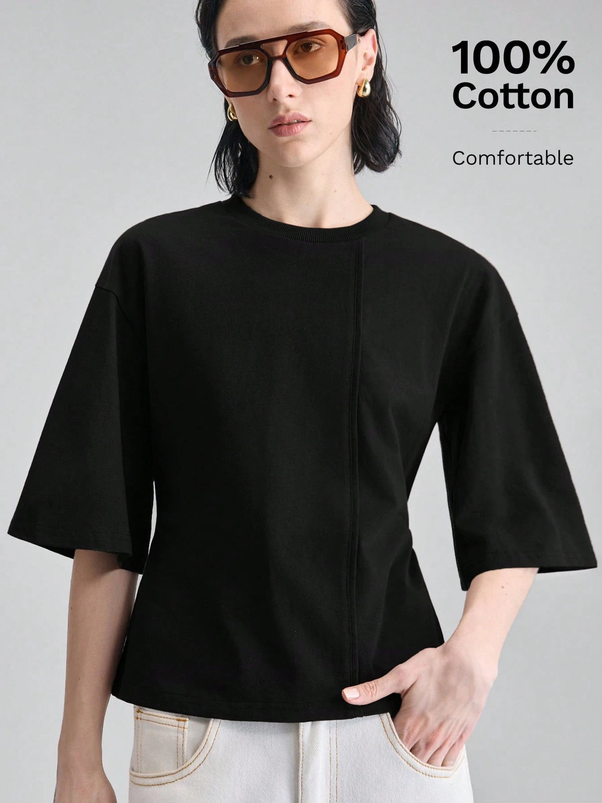 Ontre Women's Dark Brown Structural Line Waist Cinching T-Shirt, Effortless Chic Summer Modern Urban Work Minimalist Casual Daily Wear