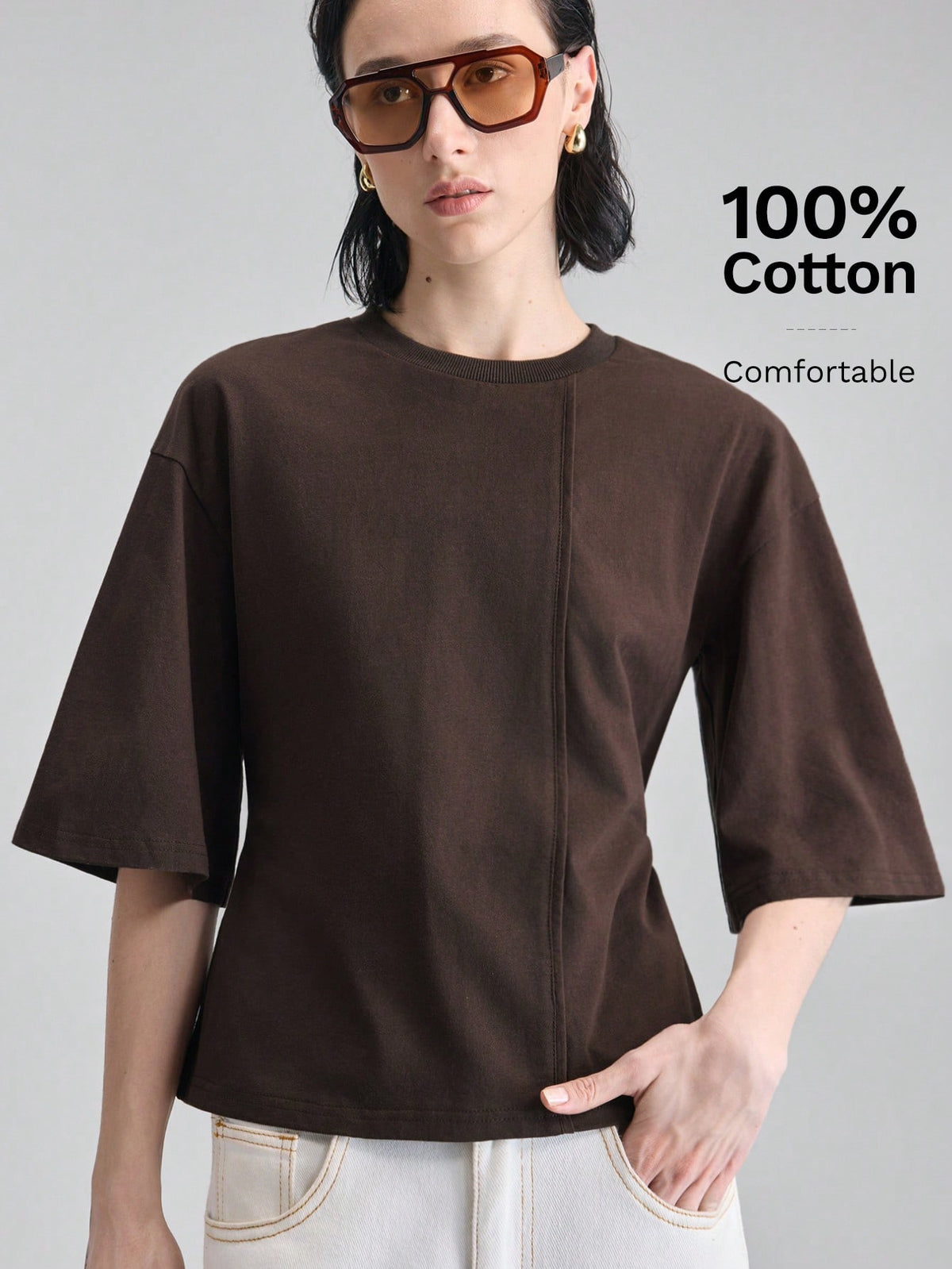 Ontre Women's Dark Brown Structural Line Waist Cinching T-Shirt, Effortless Chic Summer Modern Urban Work Minimalist Casual Daily Wear