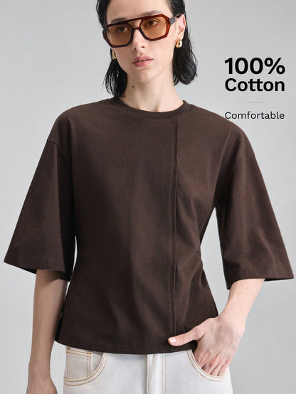 Ontre Women's Dark Brown Structural Line Waist Cinching T-Shirt, Effortless Chic Summer Modern Urban Work Minimalist Casual Daily Wear
