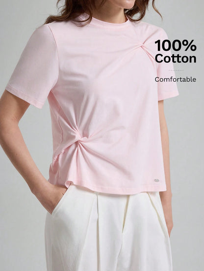 Ontre Women's Soft Pink T-Shirt,High-End Asymmetric Ruched Summer Casual Everyday Tops,Elegant Office Commuter Modern Urban Petite Fitted Shirt
