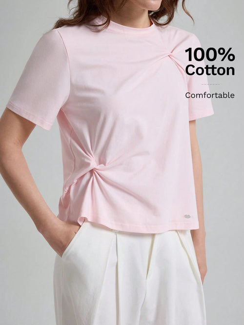 Ontre Women's Soft Pink T-Shirt,High-End Asymmetric Ruched Summer Casual Everyday Tops,Elegant Office Commuter Modern Urban Petite Fitted Shirt