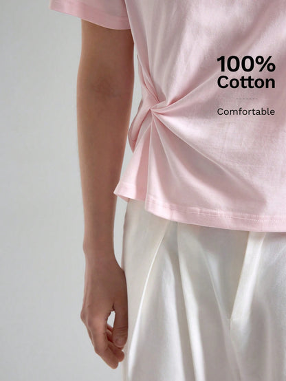 Ontre Women's Soft Pink T-Shirt,High-End Asymmetric Ruched Summer Casual Everyday Tops,Elegant Office Commuter Modern Urban Petite Fitted Shirt