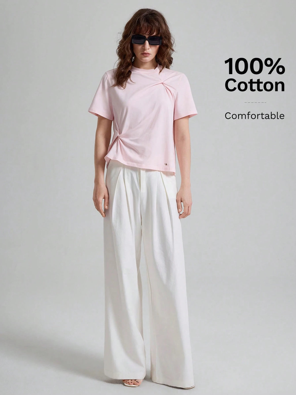 Ontre Women's Soft Pink T-Shirt,High-End Asymmetric Ruched Summer Casual Everyday Tops,Elegant Office Commuter Modern Urban Petite Fitted Shirt